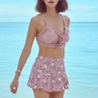 Set: Frill Trim Bikini Top + Floral Print Swim Skirt