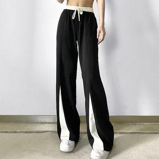 Elastic-waist Two-tone Straight Leg Pants