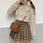 Lace Collar Blouse / Plaid Pleated Mini Skirt