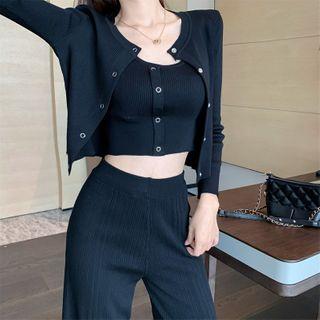 Set: Knit Cardigan + Sleeveless Top + Wide-leg Pants