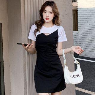 Mock Two-piece Short-sleeve Chained Mini Sheath Dress