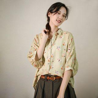 Elbow-sleeve Floral Print Blouse Light Green - One Size