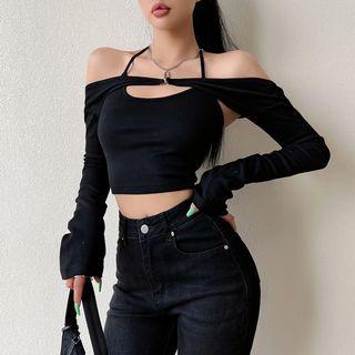 Set: Long-sleeve Top + Cropped Camisole Top