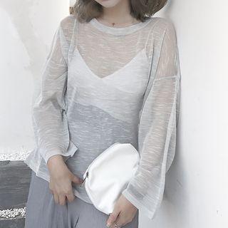 Long Sleeve Sheer Knit Top / Plain Wide Leg Pants