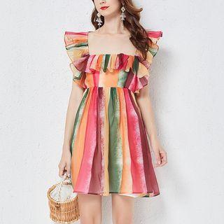Ruffle Sleeve Striped Mesh Mini A-line Dress