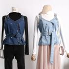 Set: Double-breasted Sleeveless Denim Top + Long-sleeved Top