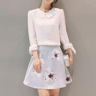Set: Collared Tie Sleeve Blouse + Printed A-line Skirt