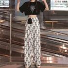 Spider Web Short-sleeve Crop Top / Butterfly Print Wide-leg Pants