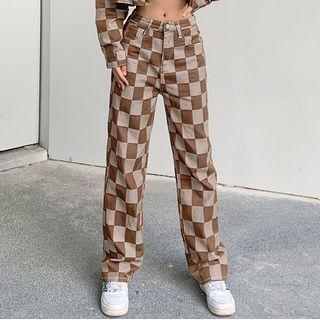 Plaid Print Straight Cut Pants