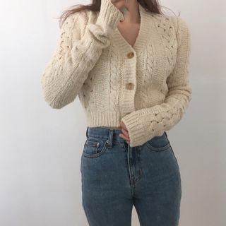 V-neck Cropped Cardigan Almond - One Size