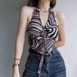 V-neck Color-block Striped Drawstring Cropped Tank Top