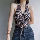 V-neck Color-block Striped Drawstring Cropped Tank Top