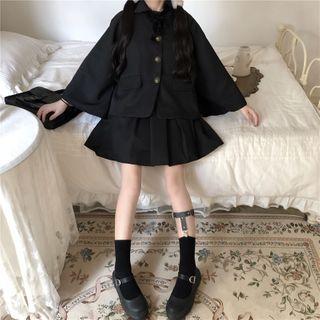 Wide-sleeve Button-up Jacket / Sleeveless Plain Mini Dress