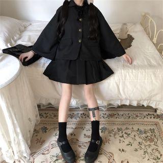 Wide-sleeve Button-up Jacket / Sleeveless Plain Mini Dress