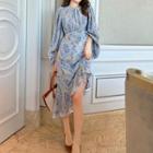 Puff-sleeve Floral Drawstring Sheath Dress