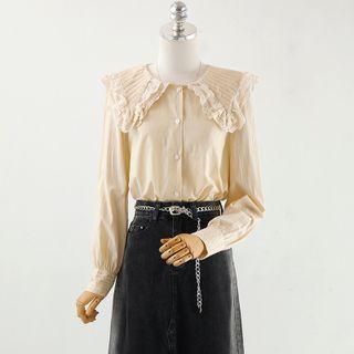 Plain Shirt / Denim Midi A-line Skirt / Waist Chain / Set