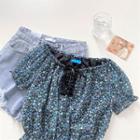 Puff-sleeve Round Neck Floral Blouse Blue - One Size
