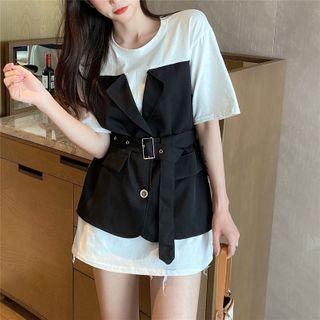 Short-sleeve Mock Two-piece Buckled T-shirt