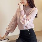 Stand Collar Long-sleeve Flower Accent Chiffon Top