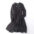 Dotted Long-sleeve Midi Chiffon Dress Black - One Size
