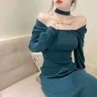 Choker-neck Off-shoulder Midi A-line Dress