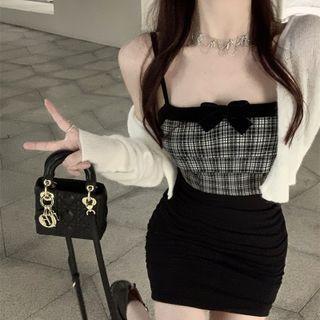 Plain Cardigan / Spaghetti Strap Plaid Panel Mini Bodycon Dress