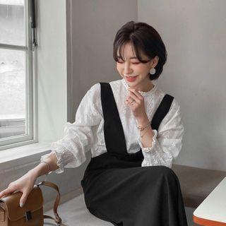 Smocked-cuff Eyelet-lace Blouse One Size