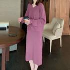 V-neck Knit Top / Midi A-line Knit Skirt