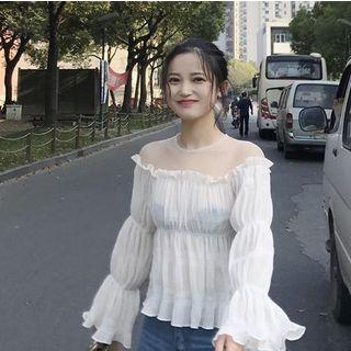Off-shoulder Shirred Chiffon Blouse White - One Size