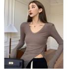 Long-sleeve Side-slit T-shirt / Drawstring Wide-leg Pants