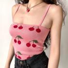 Sleeveless Cropped Cherry Print Knit Tank Top