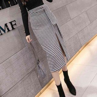 High-waist Houndstooth Split Hem Midi Skirt