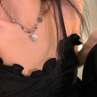 Heart Necklace 1pc - Silver & Blue & Pink - One Size