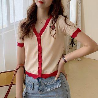 Short-sleeve Heart Embroidered Cardigan As Shown In Figure - One Size