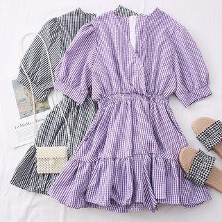 Checker V-neck Mini Dress