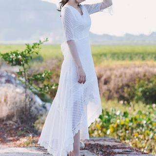 Dotted Lace Trim 3/4-sleeve Midi A-line Dress