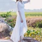 Dotted Lace Trim 3/4-sleeve Midi A-line Dress