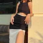 Two-tone Sleeveless Cut-out Side-slit Dress