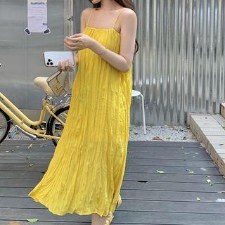 Spaghetti-strap Plain Pleated Midi Dress Yellow - One Size