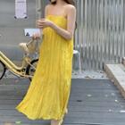 Spaghetti-strap Plain Pleated Midi Dress Yellow - One Size