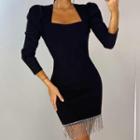 Long Sleeve Square-neck Fringed-hem Mini Bodycon Dress