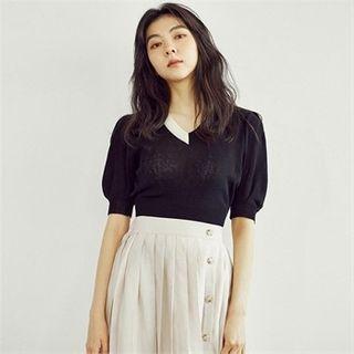Puff-sleeve Contrast-trim Knit Top