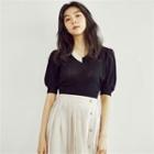 Puff-sleeve Contrast-trim Knit Top