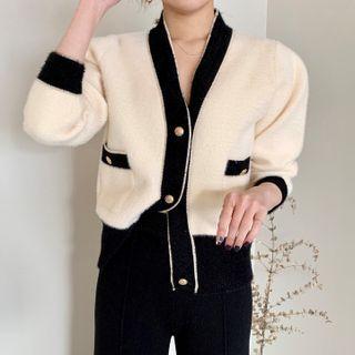 V-neck Contrast Trim Cardigan Almond - One Size