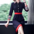 Collared Contrast Trim 3/4-sleeve A-line Dress