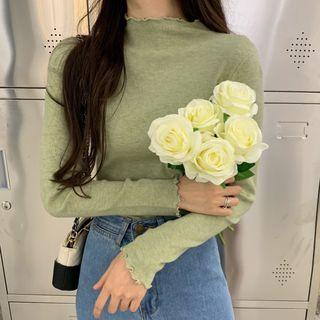 Long-sleeve Frill-trim Mock-neck Knit Top