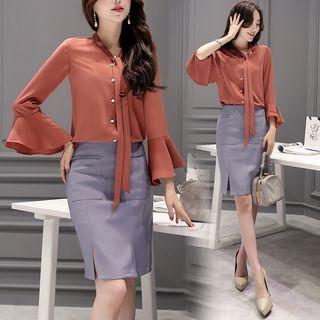 Set: Bell-sleeve Blouse + Slit Pencil Skirt