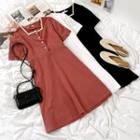 Short-sleeve Lace Trim Square-neck Mini Dress