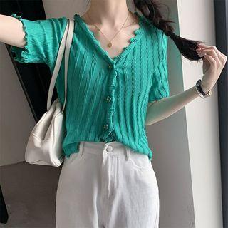 Short-sleeve V-neck Flower Button Top