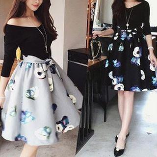 Mock Two Piece Floral Print Panel Off Shoulder 3/4 Sleeve Dress